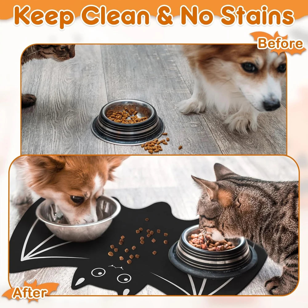 Halloween Spider Web Bat-shape Pet Feeding Mat Non-Slip Spillproof Protector Easy Clean Dining Mat Spooky Home Decor for Cat Dog LckyPet™