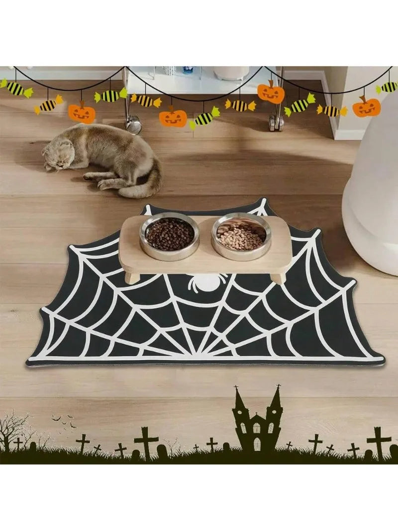 Halloween Spider Web Bat-shape Pet Feeding Mat Non-Slip Spillproof Protector Easy Clean Dining Mat Spooky Home Decor for Cat Dog LckyPet™