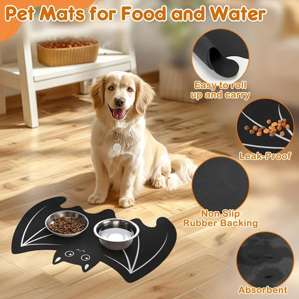 Halloween Spider Web Bat-shape Pet Feeding Mat Non-Slip Spillproof Protector Easy Clean Dining Mat Spooky Home Decor for Cat Dog LckyPet™