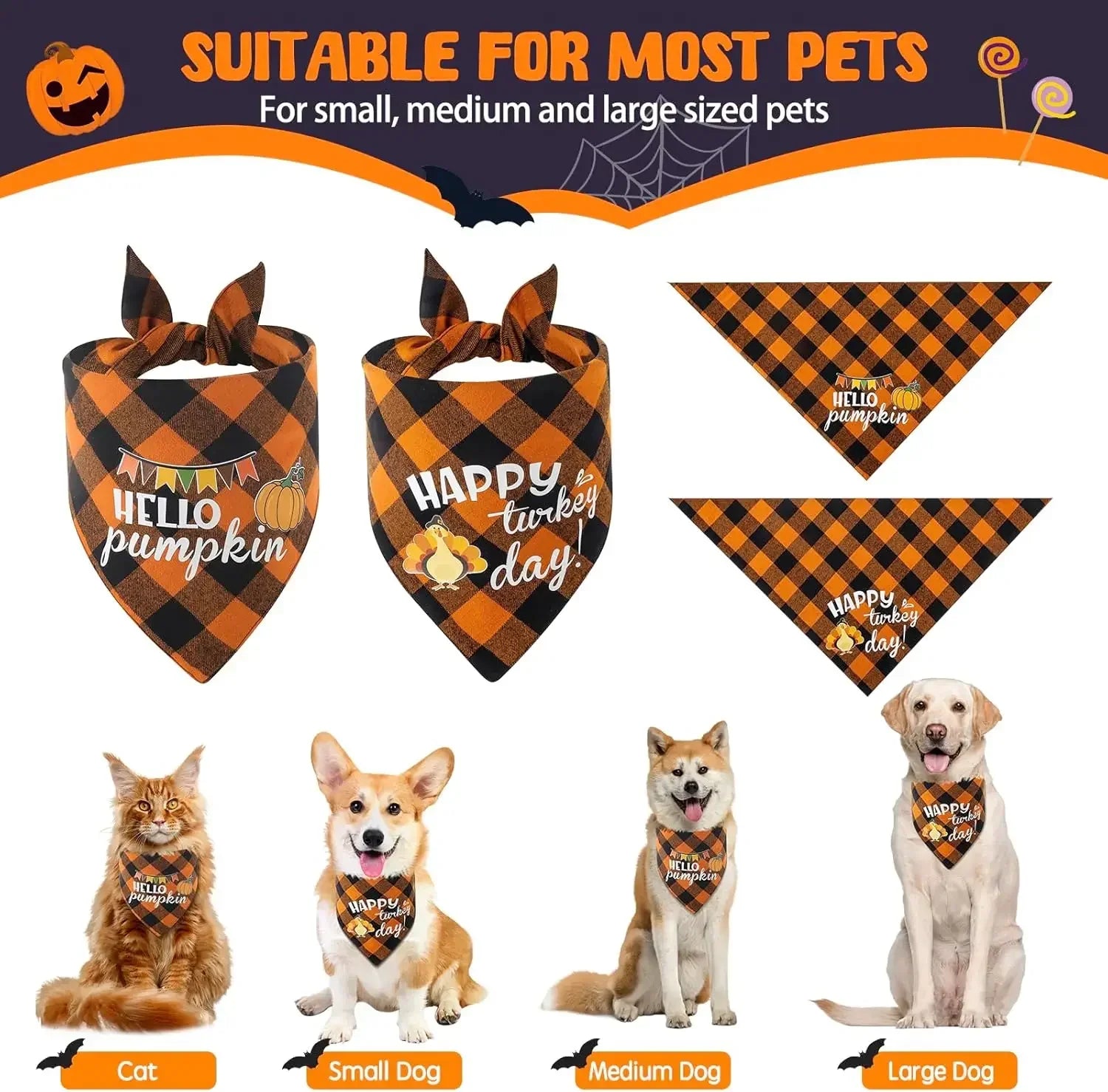 Pet Bandanas Halloween Reversible Dog Bandana Adjustable Classic Plaid Style Thanksgiving Dog Bandana Pet Accessories LckyPet™