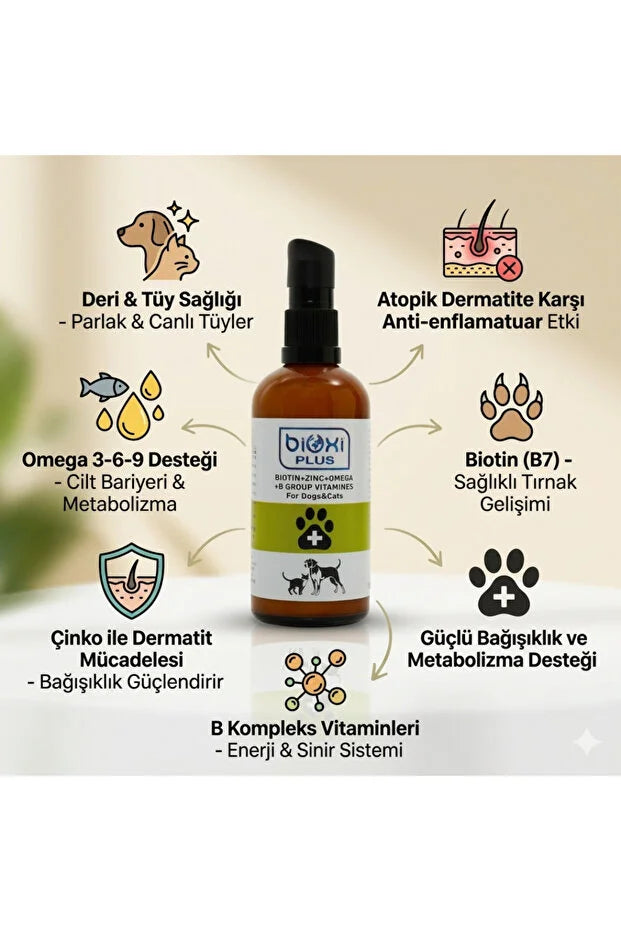 BİOXİ Plus Biotin + Zinc + Omega + B Vitaminleri 100 ML – Kedi ve Köpekler İçin Deri & Tüy Sağlığı Desteği - LckyPet™ LckyPet™