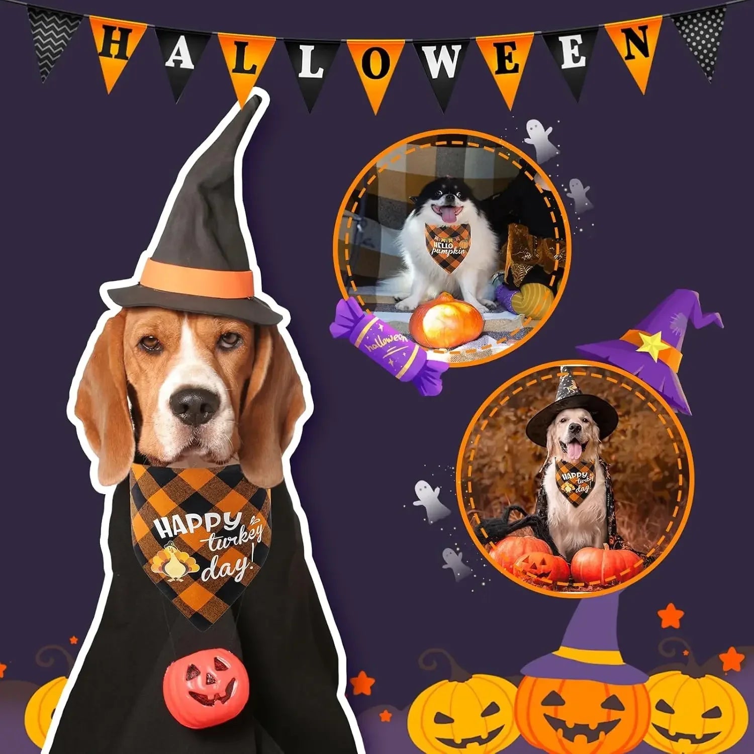 Pet Bandanas Halloween Reversible Dog Bandana Adjustable Classic Plaid Style Thanksgiving Dog Bandana Pet Accessories LckyPet™
