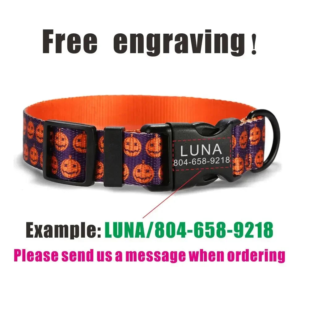 Personalized Dog Collar with Free Engraving, Matching Pet Leash,Customzied Contacts Buckle, Halloween Pumpkins Pet Collar LckyPet™
