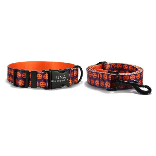 Personalized Dog Collar with Free Engraving, Matching Pet Leash,Customzied Contacts Buckle, Halloween Pumpkins Pet Collar LckyPet™